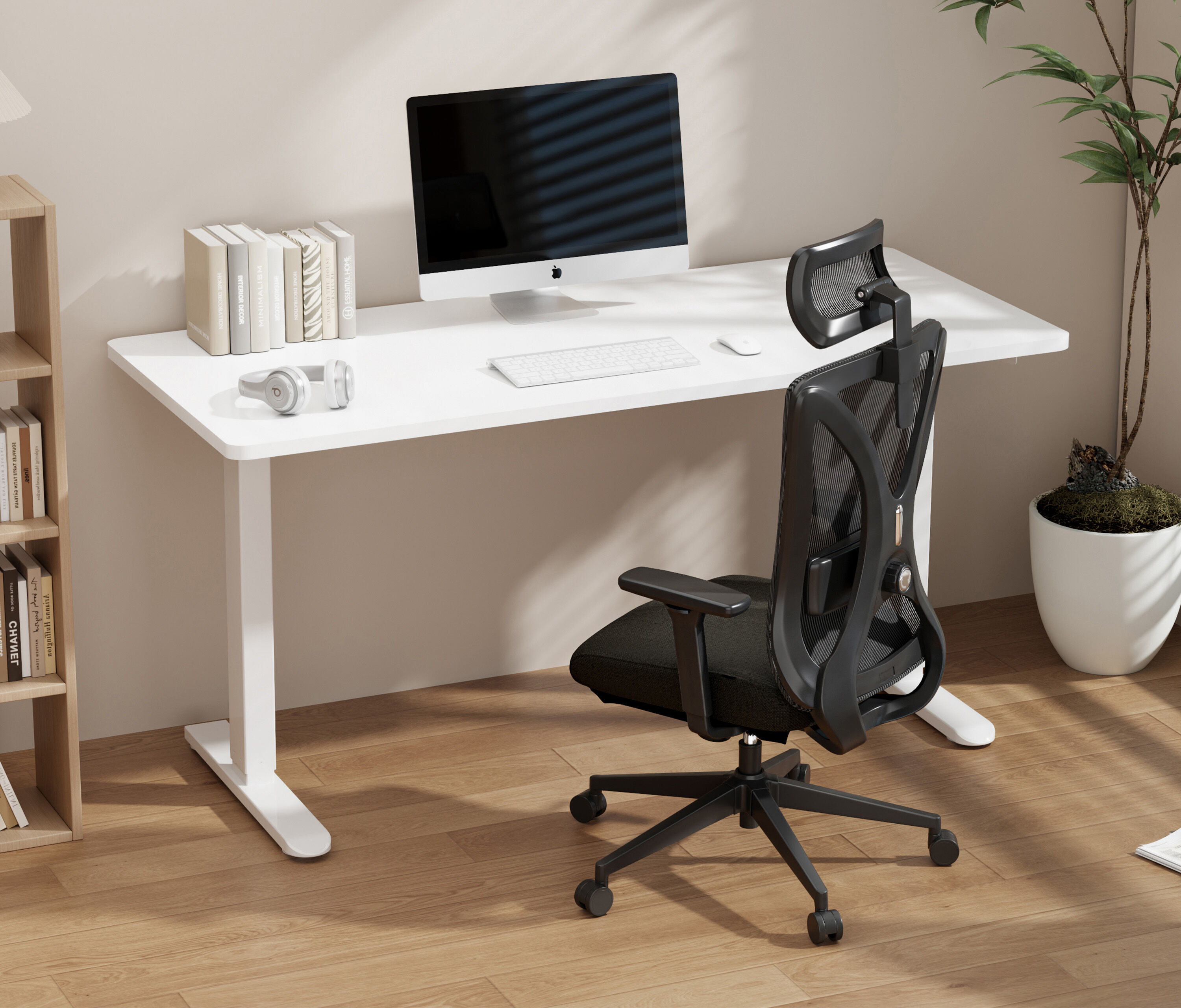 PRIMUS Schreibtisch + Stuhl VITA MESH Grau Hoch, Sitzhöhe 52 - 64 cm 140x80 Weiß 