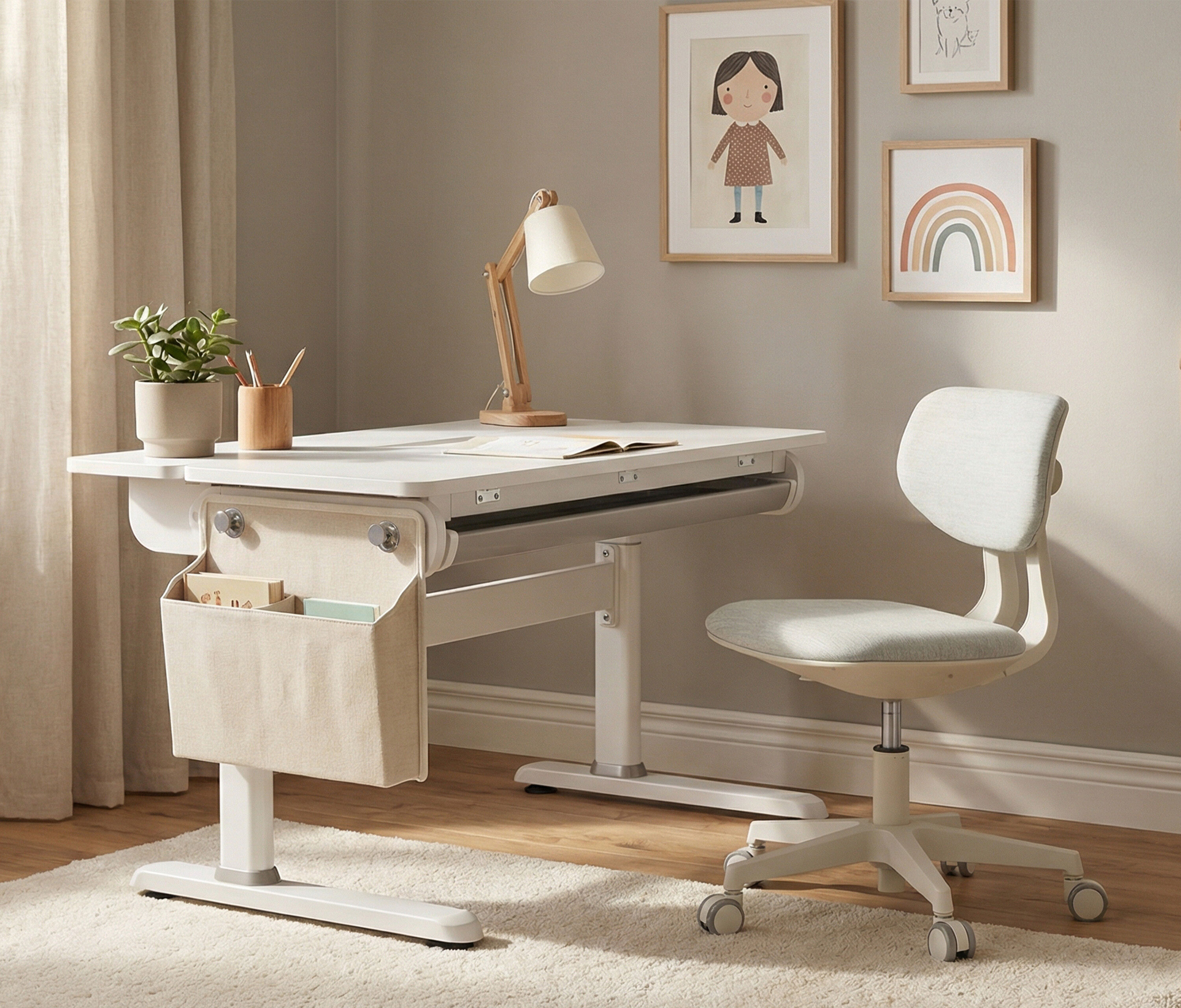 Manuell höhenverstellbarer Kinderschreibtisch + Kinderschreibtischstuhl Set Weiß Blau