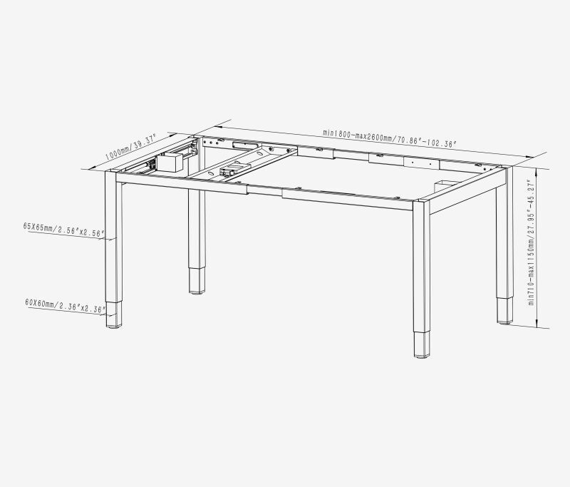 PRIMUS 4-Bein Schreibtisch Schwarz Lichtgrau 2600 x 1000 x 25 mm