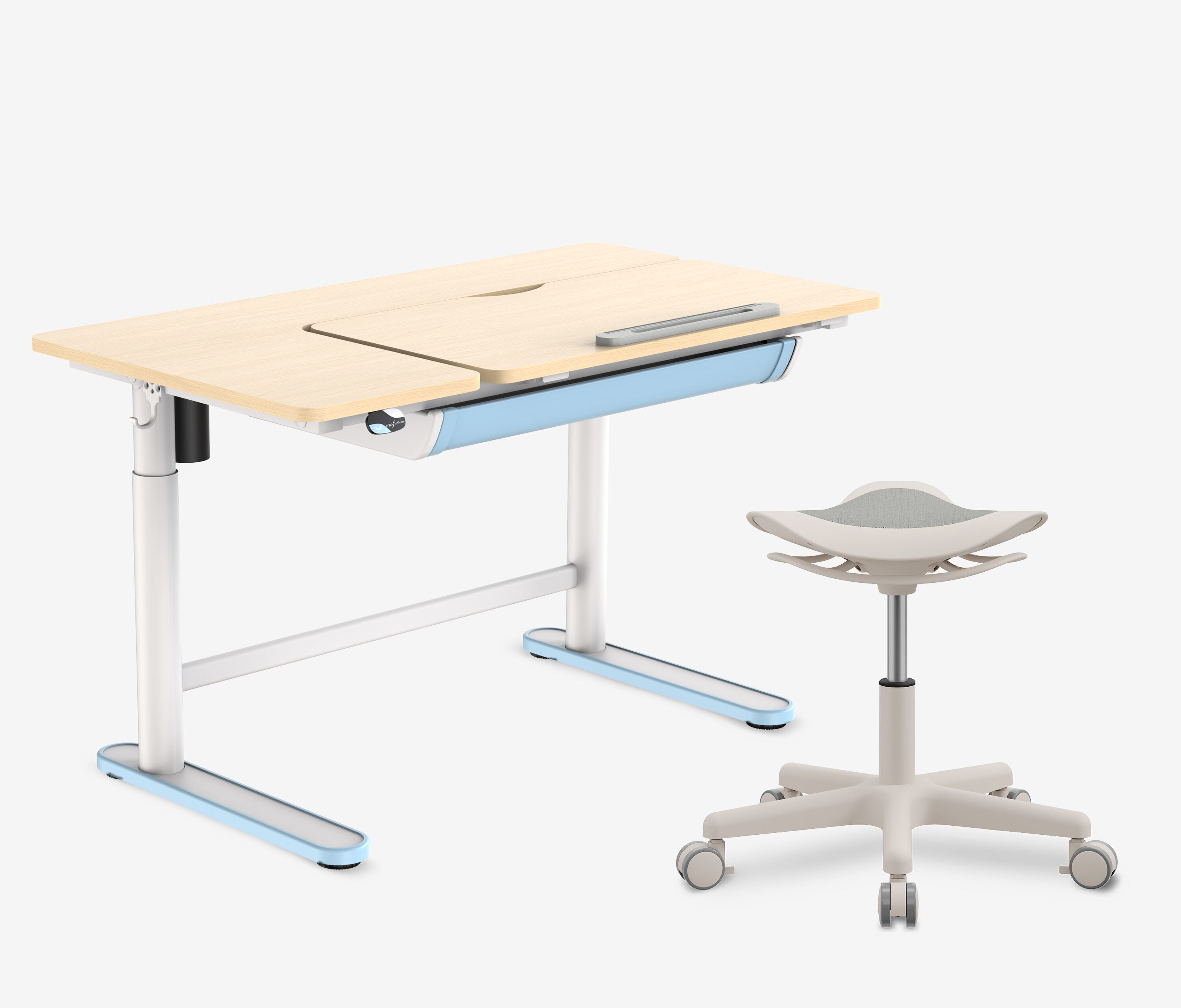 Elektrisch höhenverstellbarer Kinderschreibtisch + Kinderhocker Blau Grau 