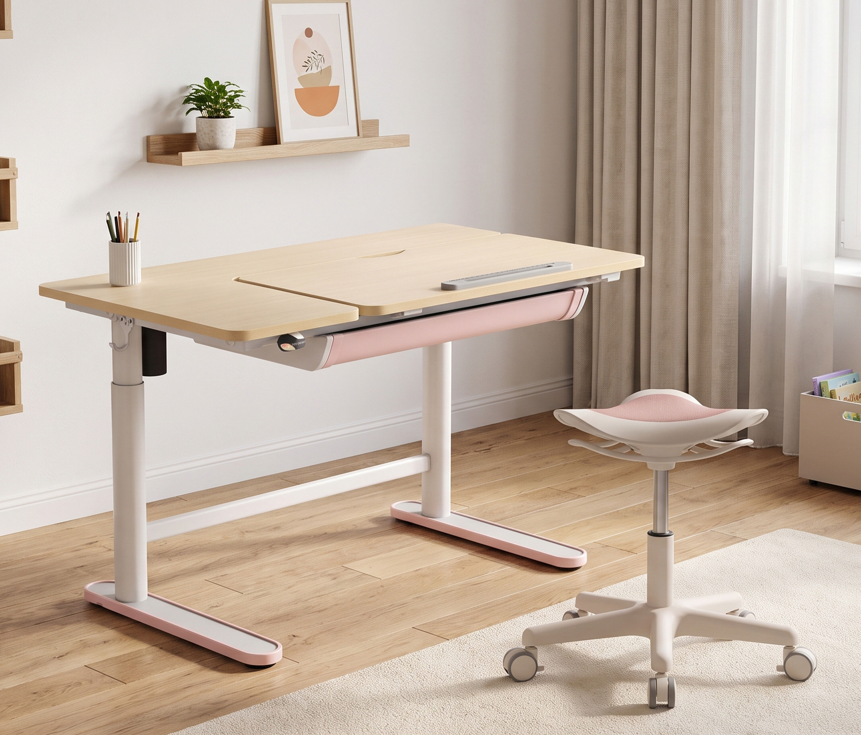 Elektrisch in hoogte verstelbaar kinderbureau + kinderkrukje Roze Roze