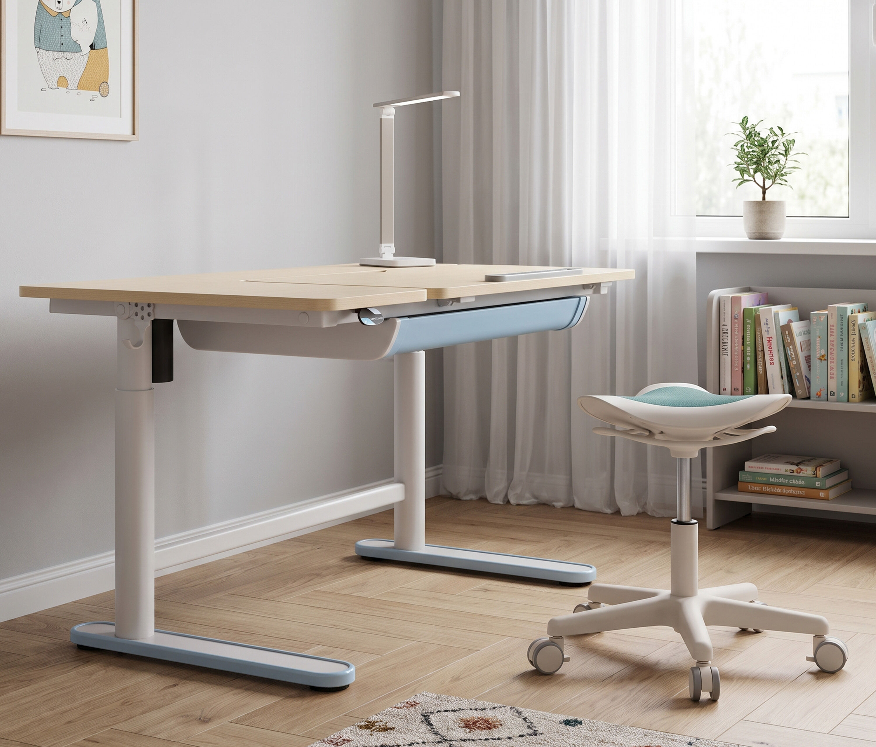 Elektrisch höhenverstellbarer Kinderschreibtisch + Kinderhocker Blau Rose 