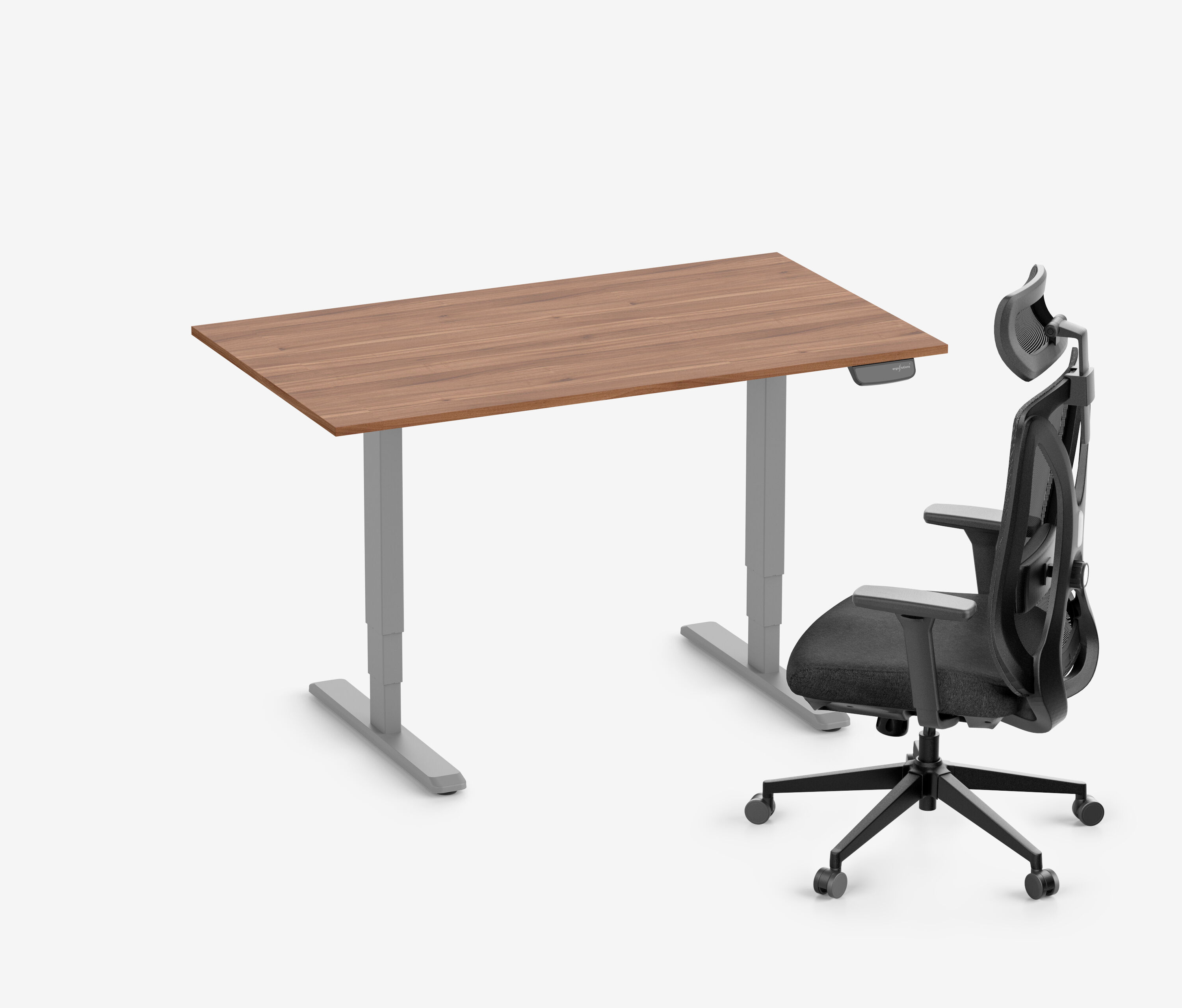 PRIMUS Schreibtisch + Stuhl VITA MESH Grau Hoch, Sitzhöhe 52 - 64 cm 140x80 Nussbaum 