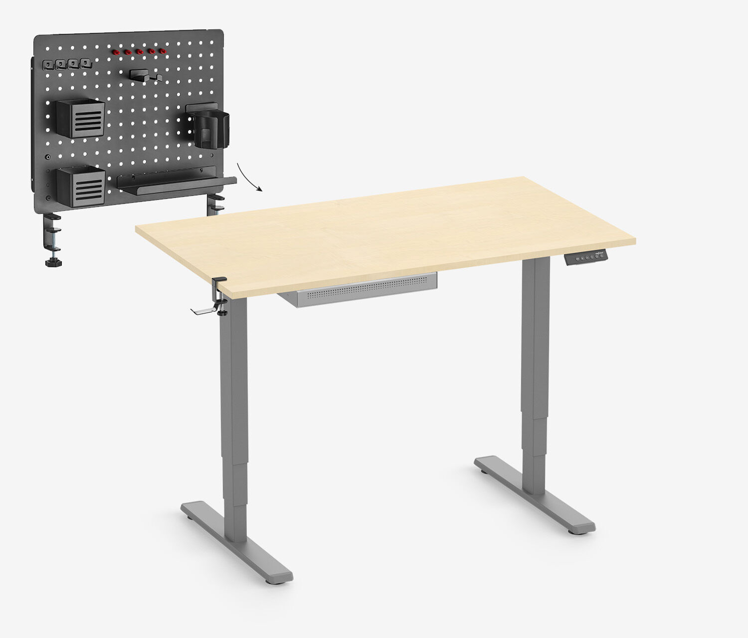 FOKUS Starterset voor school Grijs, Slim Lade Berken 120x70 Organisatorbord Zwart Hoofdtelefoonhouder