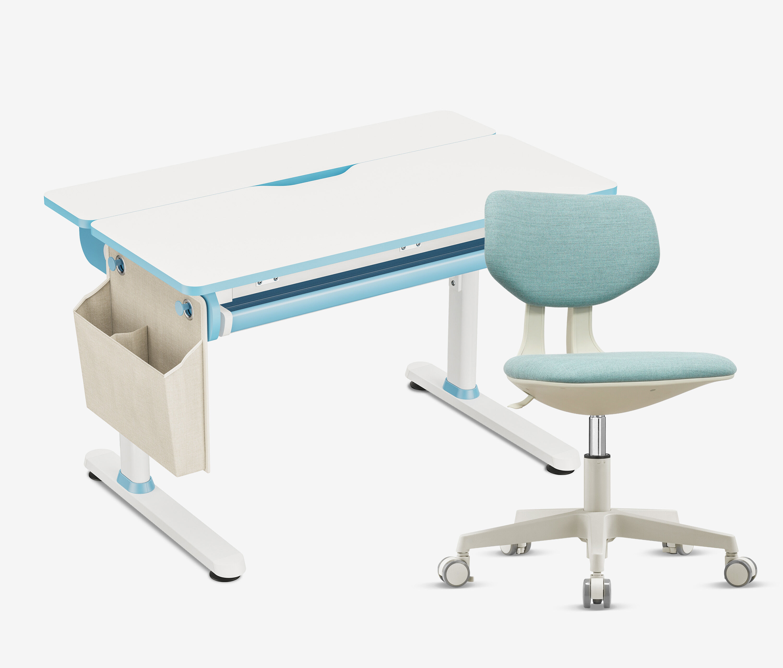 Manueller Kinderschreibtisch + Kinderschreibtischstuhl Blau 