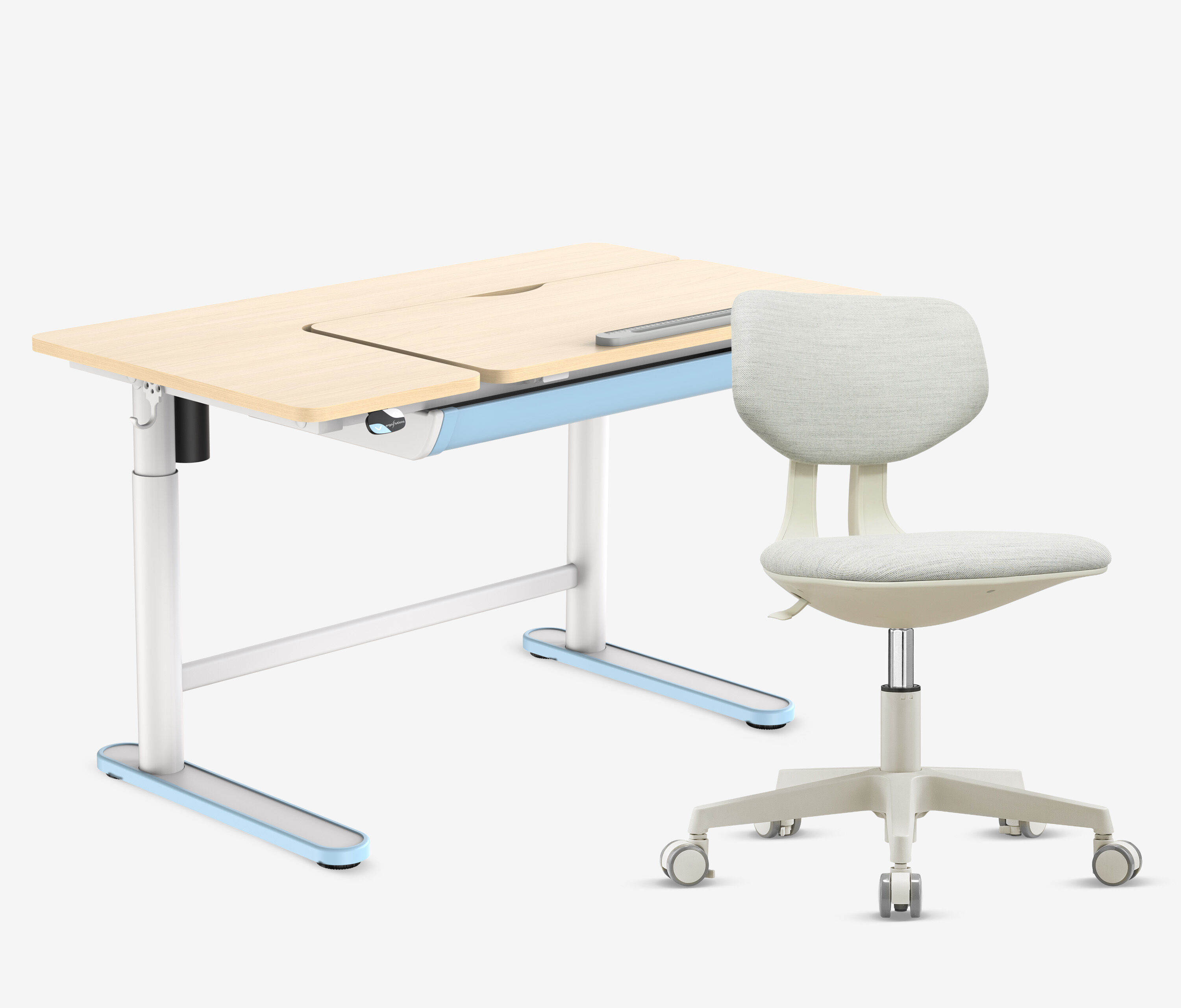 Elektrisch kinderbureau + kinderbureaustoel set blauw wit