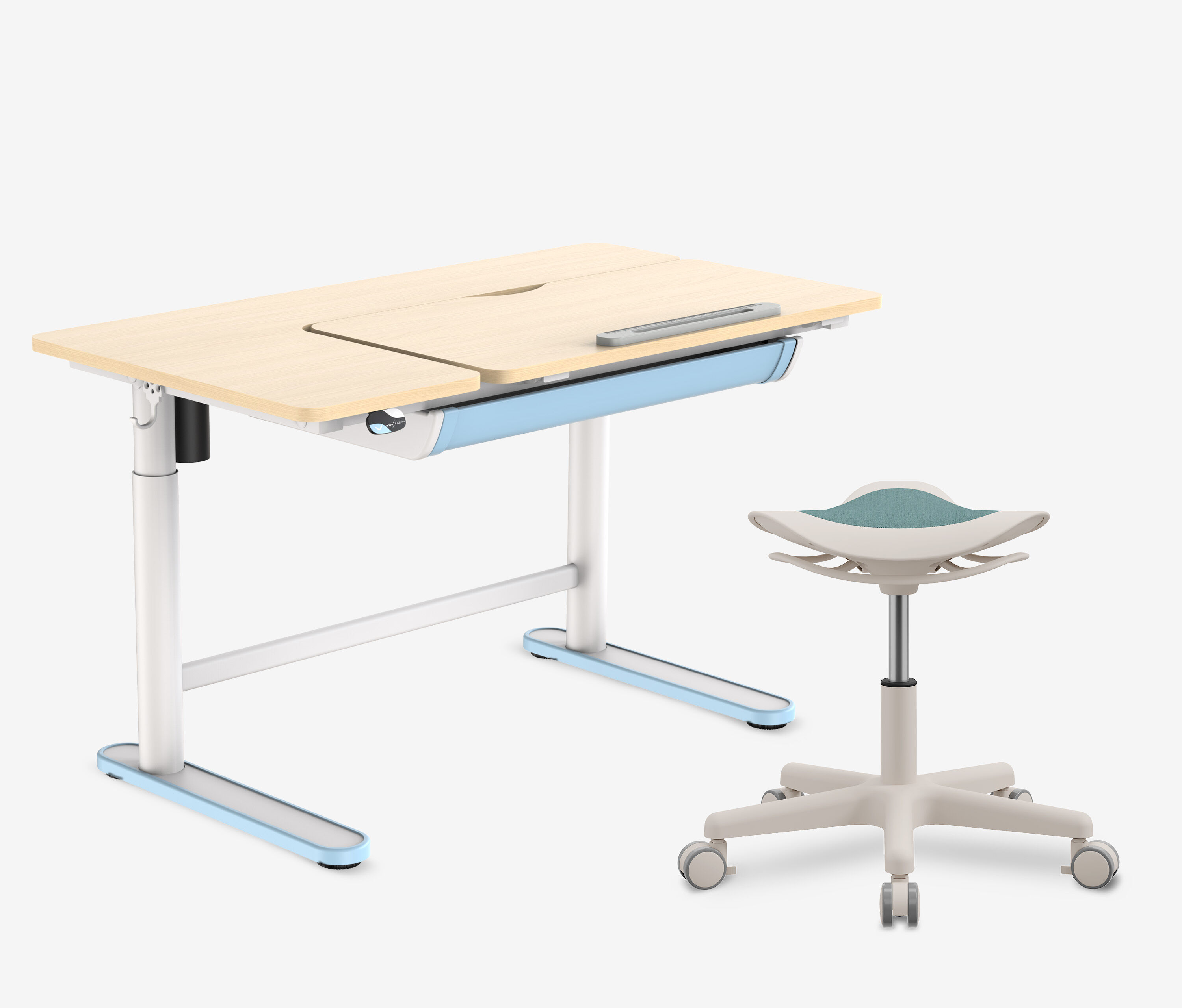 Elektrisch höhenverstellbarer Kinderschreibtisch + Kinderhocker Blau Blau 