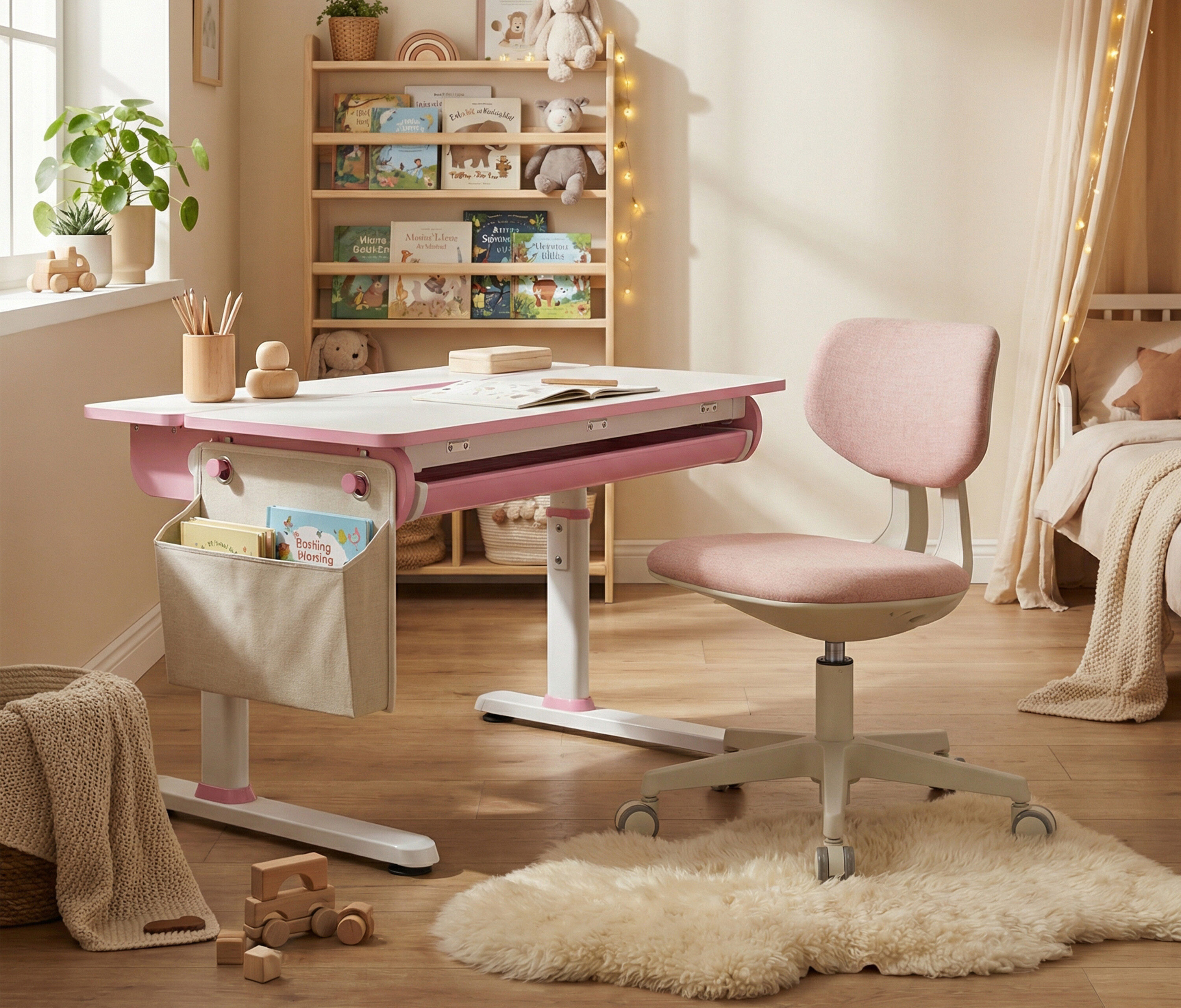 Manuell höhenverstellbarer Kinderschreibtisch + Kinderschreibtischstuhl Rose