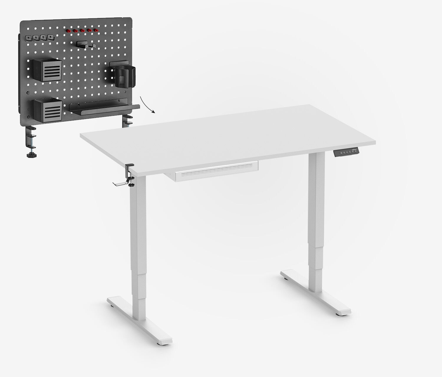 FOKUS Starterset voor school in het wit, Slim lade in lichtgrijs 120x70 Organizerbord in het zwart Hoofdtelefoonhouder